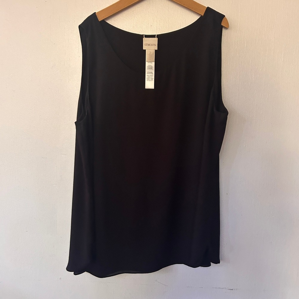 Chicos Tank Top Womens Large Black Layered Hem Scoop Neck Minimalist Shell